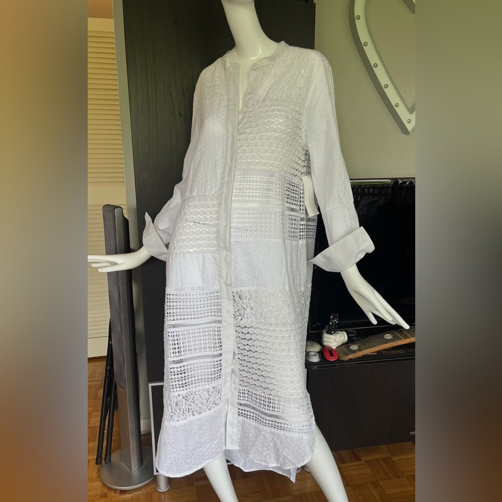 French Connection White Tiered Midi Dress with Mandarin Collar